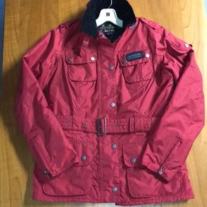 Red waterproof Barbour wax jacket